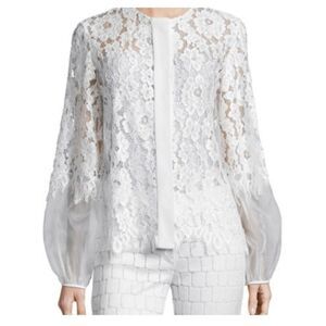 ALEXIS Ivory Silk Chiffon Floral Lace Ruffle Hidden Buttons Blouse Top